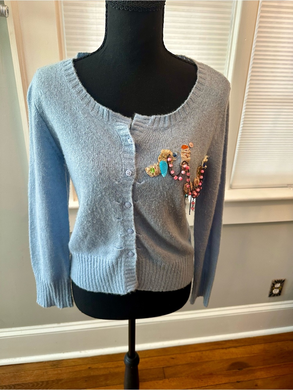 Free People Vintage 90s Powder Blue Beaded Crewneck Cardigan